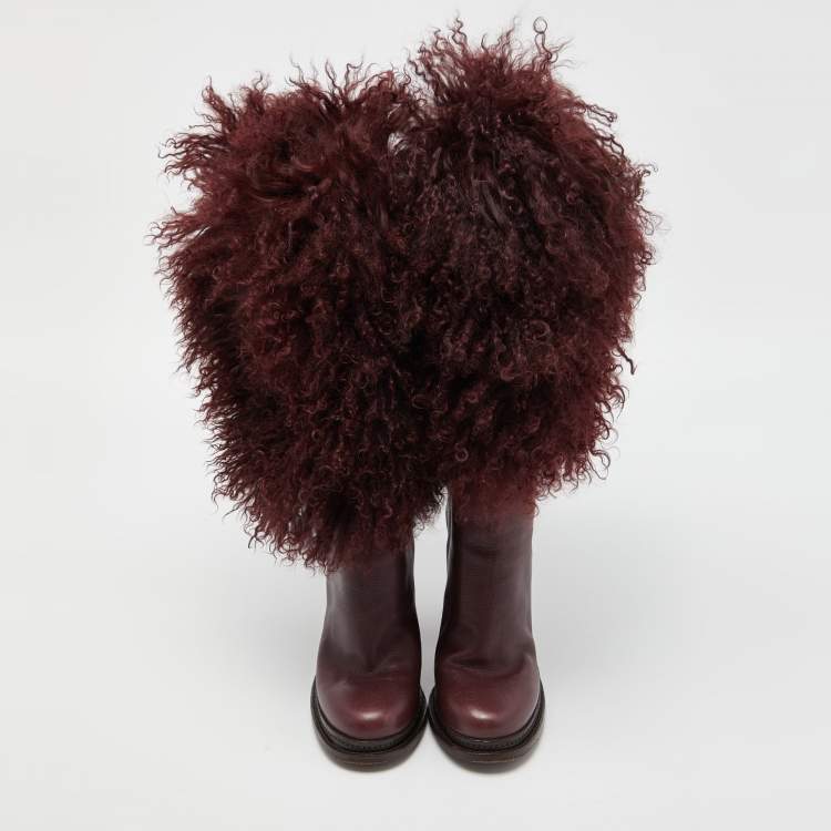 Pre Owned Dolce & Gabbana Burgundy Fur and Leather Calf Length Boots Size 38