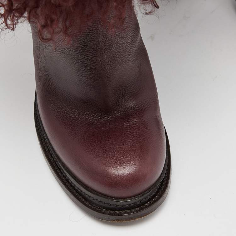Pre Owned Dolce & Gabbana Burgundy Fur and Leather Calf Length Boots Size 38