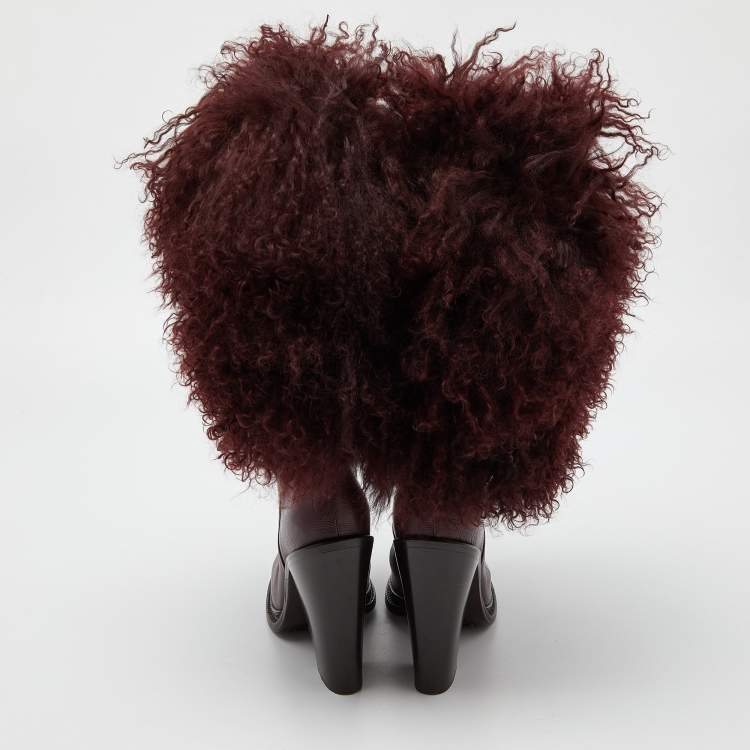 Pre Owned Dolce & Gabbana Burgundy Fur and Leather Calf Length Boots Size 38