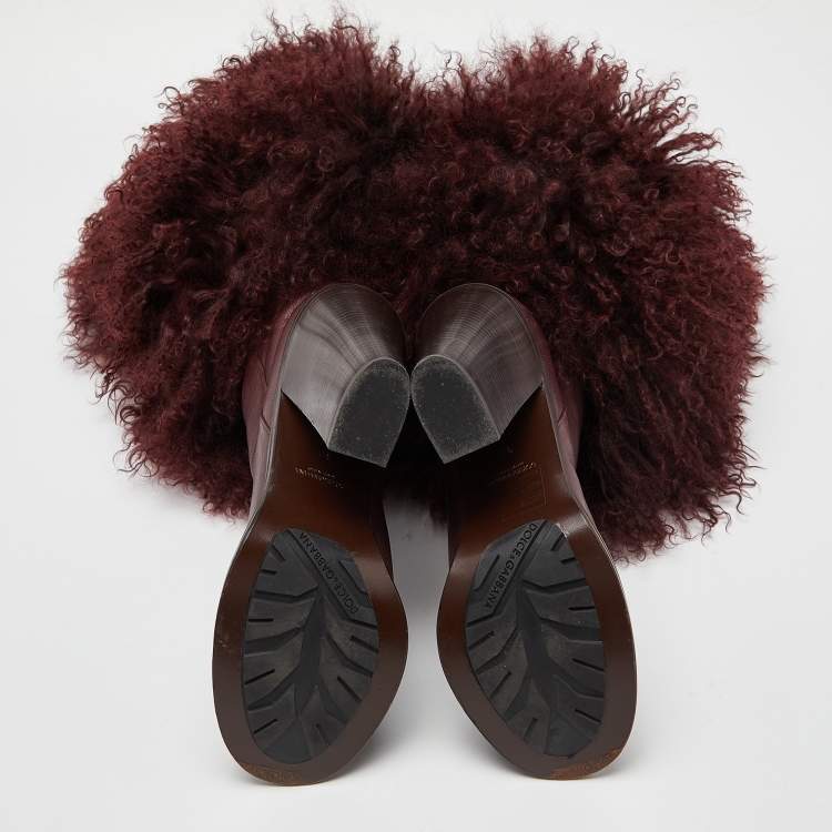 Pre Owned Dolce & Gabbana Burgundy Fur and Leather Calf Length Boots Size 38