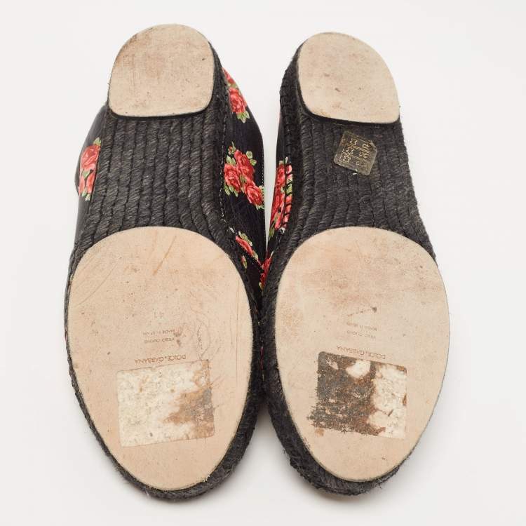 Pre Owned Dolce & Gabbana Black Leather Flower Print Espadrille Size 41