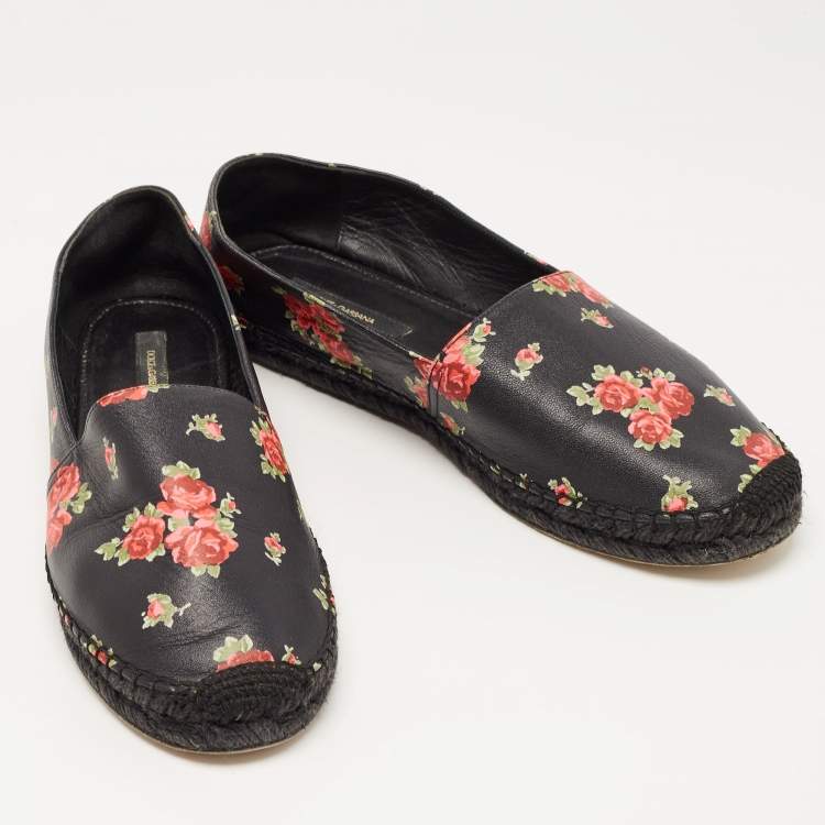 Pre Owned Dolce & Gabbana Black Leather Flower Print Espadrille Size 41