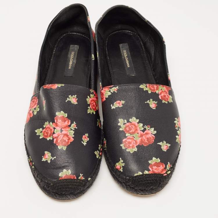 Pre Owned Dolce & Gabbana Black Leather Flower Print Espadrille Size 41