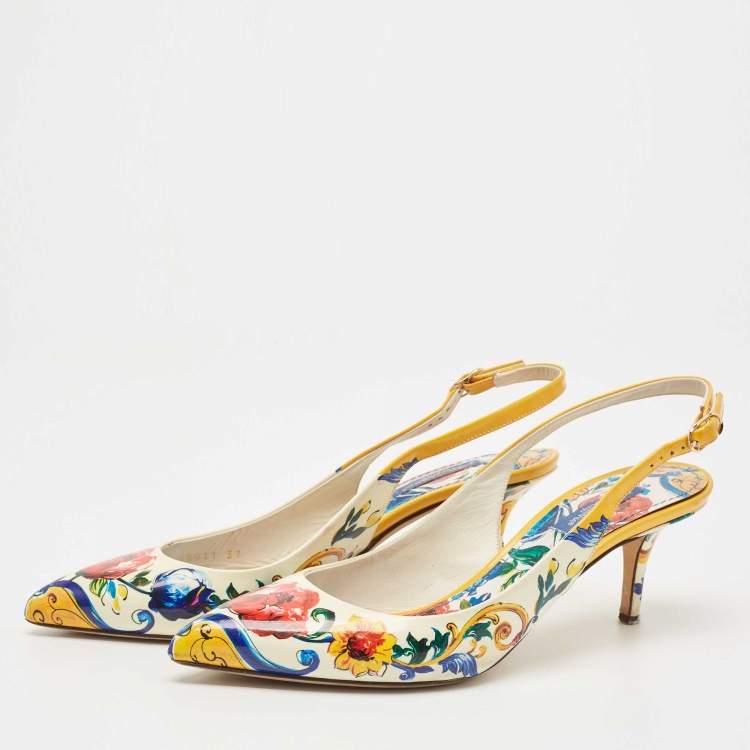 Pre Owned Dolce & Gabbana Floral Print Patent Leather Slingback Sandals Size 37