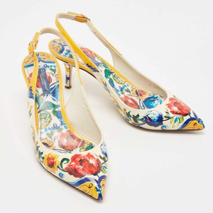 Pre Owned Dolce & Gabbana Floral Print Patent Leather Slingback Sandals Size 37
