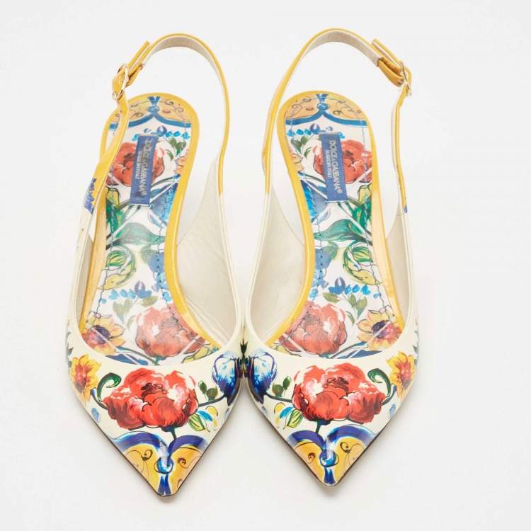 Pre Owned Dolce & Gabbana Floral Print Patent Leather Slingback Sandals Size 37