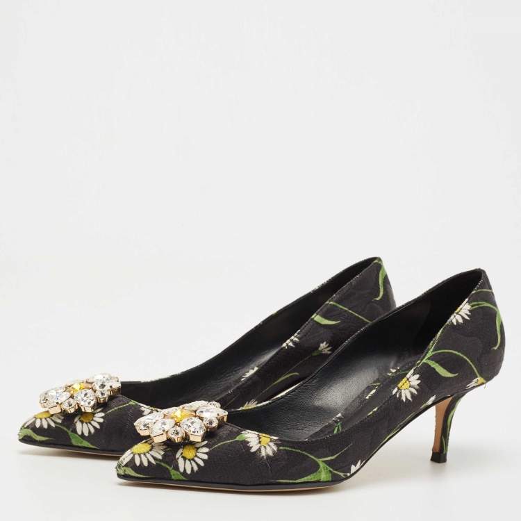 Pre Owned Dolce & Gabbana Multicolor Floral Print Brocade Fabric Crystal Embellished Pumps Size 38.5