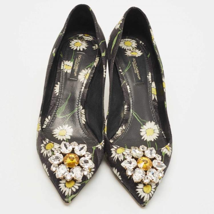 Pre Owned Dolce & Gabbana Multicolor Floral Print Brocade Fabric Crystal Embellished Pumps Size 38.5
