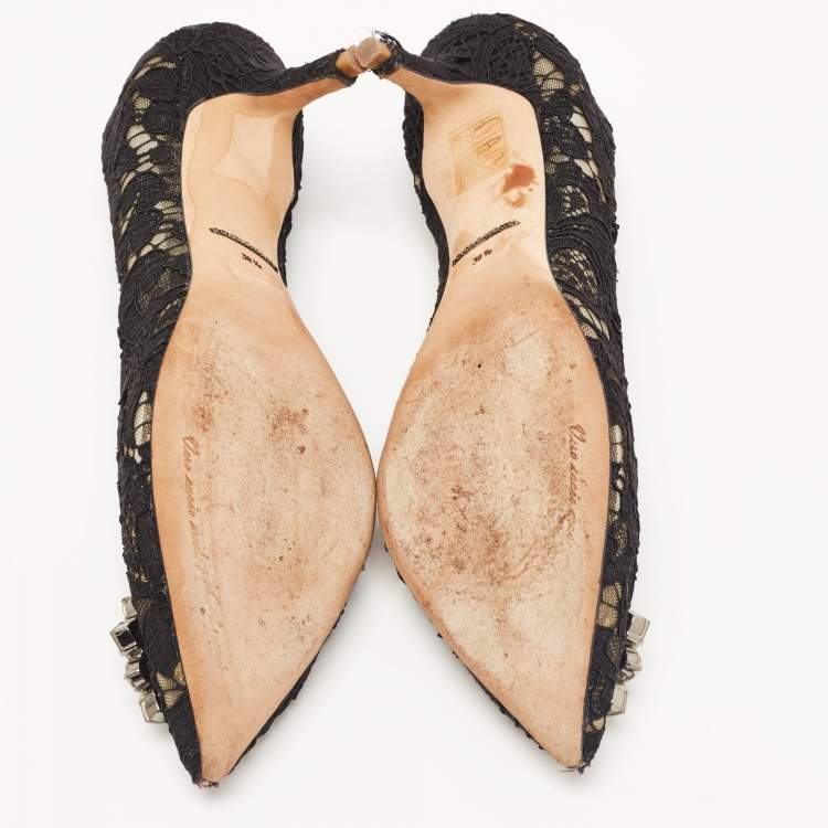 Pre Owned Dolce & Gabbana Black Lace Bellucci Crystal Embellished Pointed Toe Pumps Size 38.5