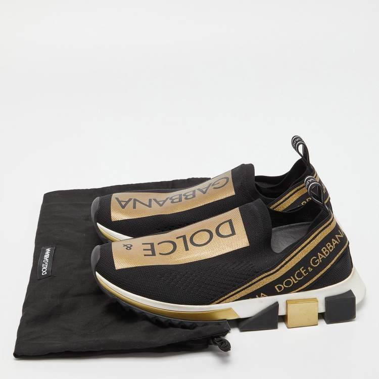 Pre Owned Dolce & Gabbana Black/Gold Knit Fabric Sorrento Slip On Sneakers Size 38