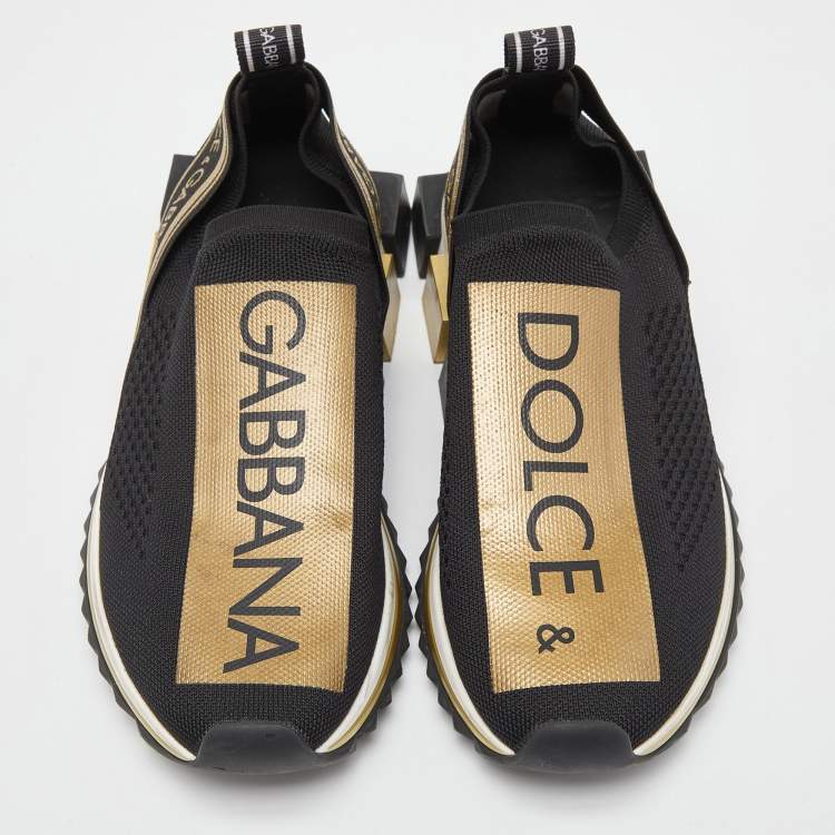 Pre Owned Dolce & Gabbana Black/Gold Knit Fabric Sorrento Slip On Sneakers Size 38