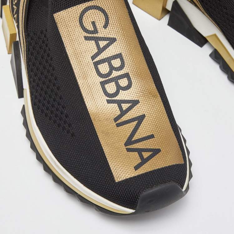 Pre Owned Dolce & Gabbana Black/Gold Knit Fabric Sorrento Slip On Sneakers Size 38