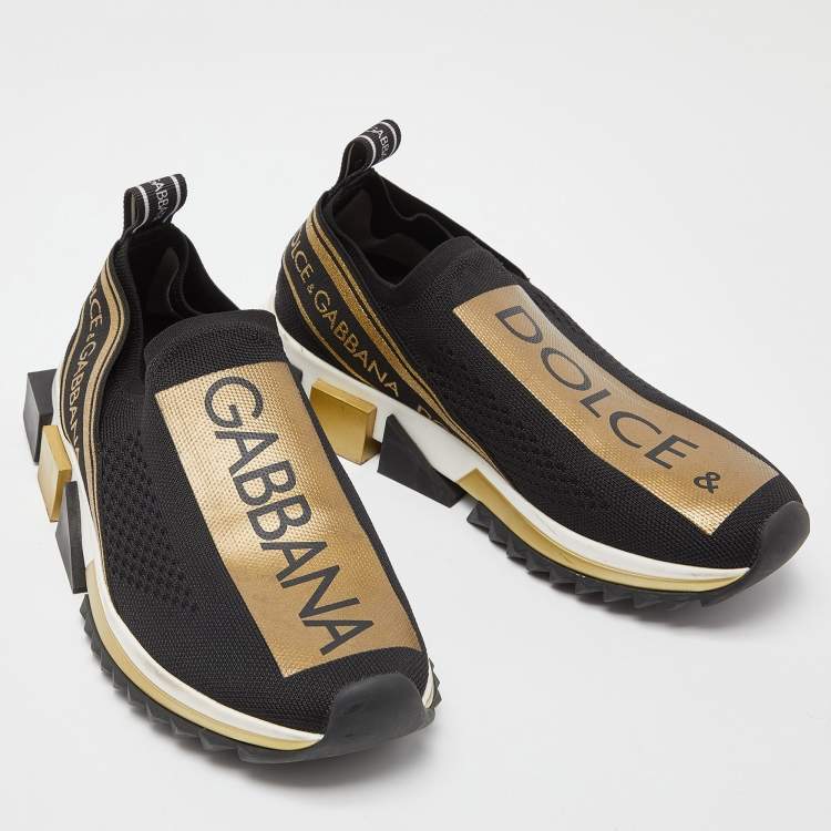 Pre Owned Dolce & Gabbana Black/Gold Knit Fabric Sorrento Slip On Sneakers Size 38