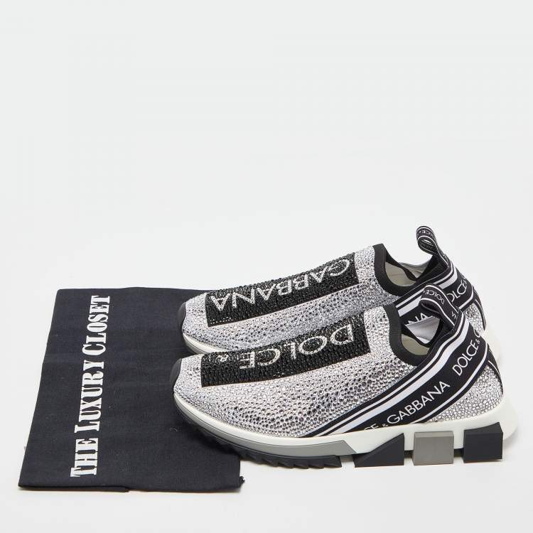 Pre Owned Dolce & Gabbana Silver/Black Fabric Crystal Embellished Sorrento Sneakers Size 38.5