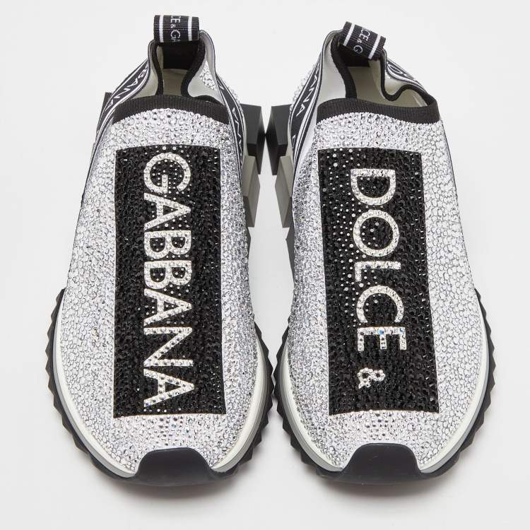 Pre Owned Dolce & Gabbana Silver/Black Fabric Crystal Embellished Sorrento Sneakers Size 38.5