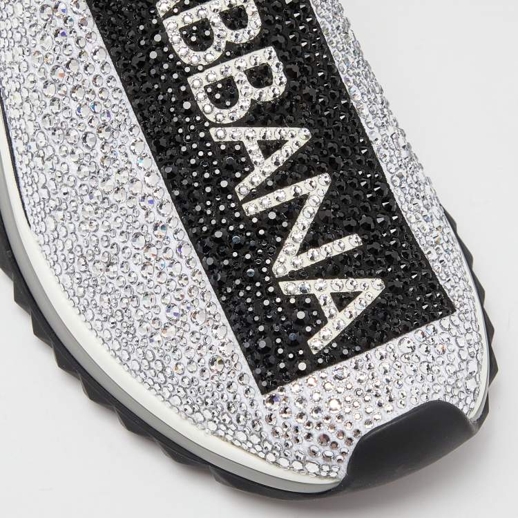 Pre Owned Dolce & Gabbana Silver/Black Fabric Crystal Embellished Sorrento Sneakers Size 38.5