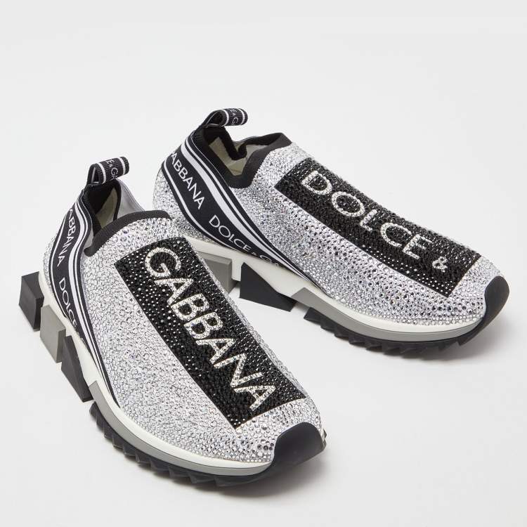 Pre Owned Dolce & Gabbana Silver/Black Fabric Crystal Embellished Sorrento Sneakers Size 38.5