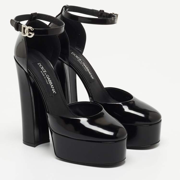 Pre Owned Dolce & Gabbana Black Patent Leather Logo Plaque Platfrom Pumps Size 39.5