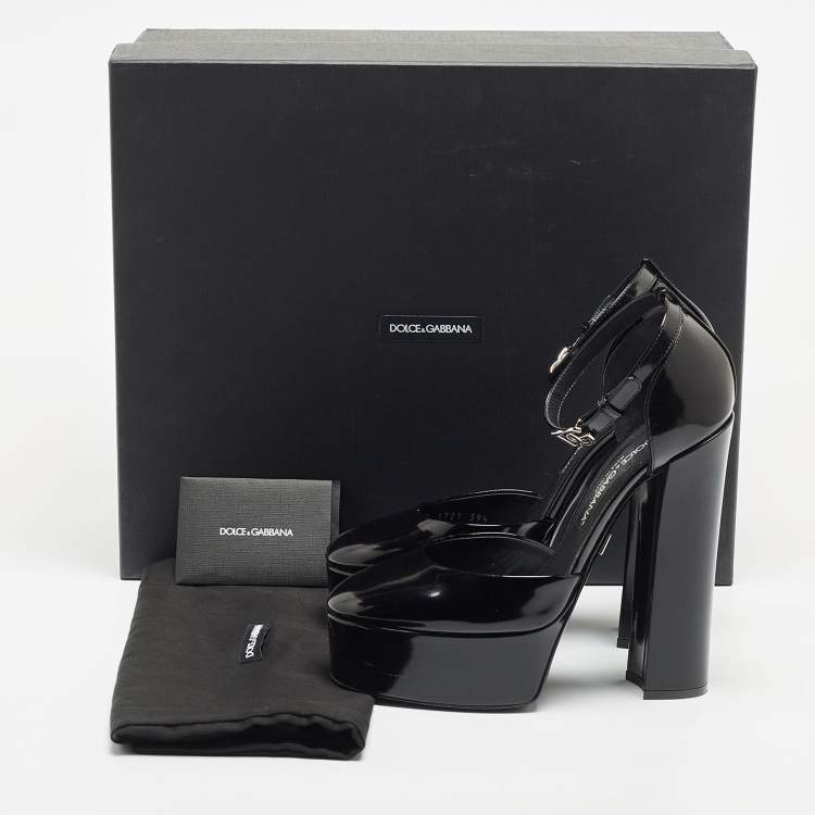 Pre Owned Dolce & Gabbana Black Patent Leather Logo Plaque Platfrom Pumps Size 39.5