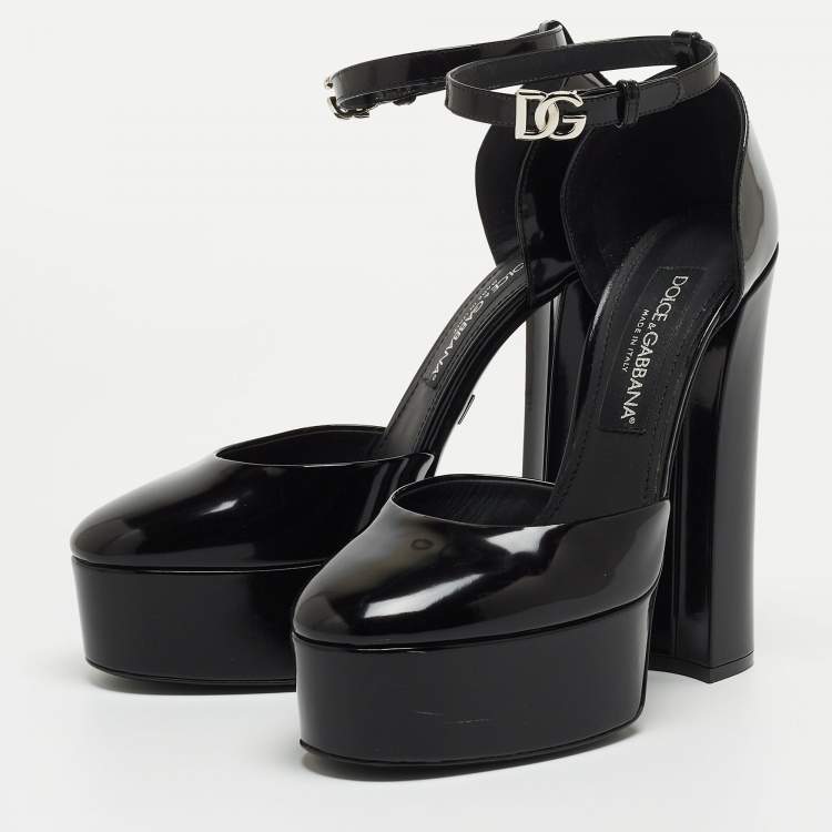 Pre Owned Dolce & Gabbana Black Patent Leather Logo Plaque Platfrom Pumps Size 39.5