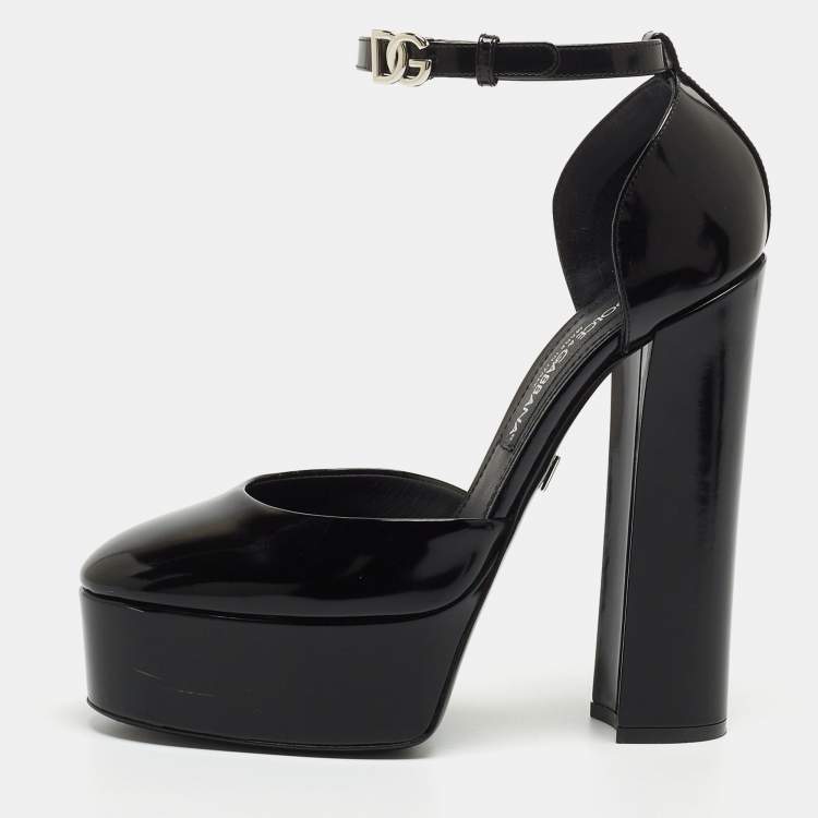 Pre Owned Dolce & Gabbana Black Patent Leather Logo Plaque Platfrom Pumps Size 39.5