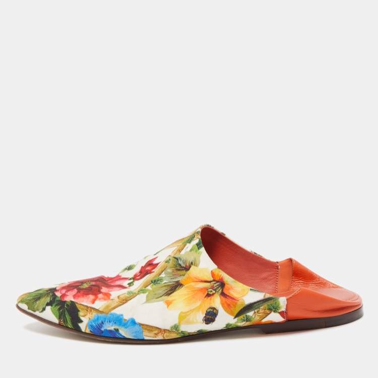 Pre Owned Dolce & Gabbana Multicolor Floral Print Fabric and Leather Flat Mules Size 41