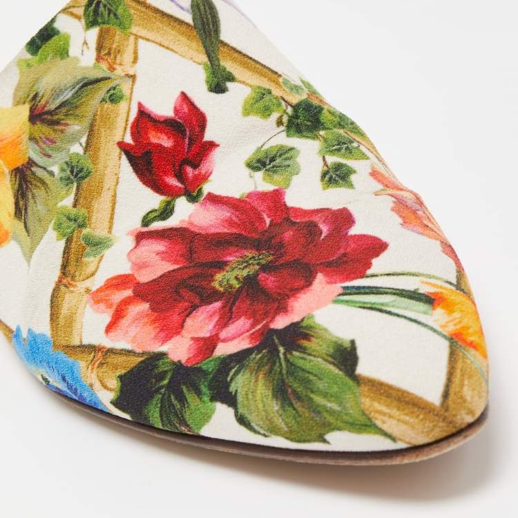 Pre Owned Dolce & Gabbana Multicolor Floral Print Fabric and Leather Flat Mules Size 41