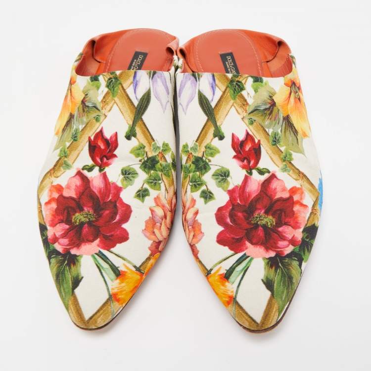 Pre Owned Dolce & Gabbana Multicolor Floral Print Fabric and Leather Flat Mules Size 41