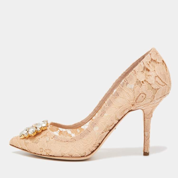 Pre Owned Dolce & Gabbana Beige Lace Bellucci Crystal Embellished Pointed Toe Pumps Size 41