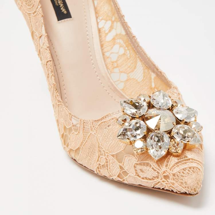 Pre Owned Dolce & Gabbana Beige Lace Bellucci Crystal Embellished Pointed Toe Pumps Size 41
