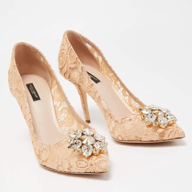 Pre Owned Dolce & Gabbana Beige Lace Bellucci Crystal Embellished Pointed Toe Pumps Size 41