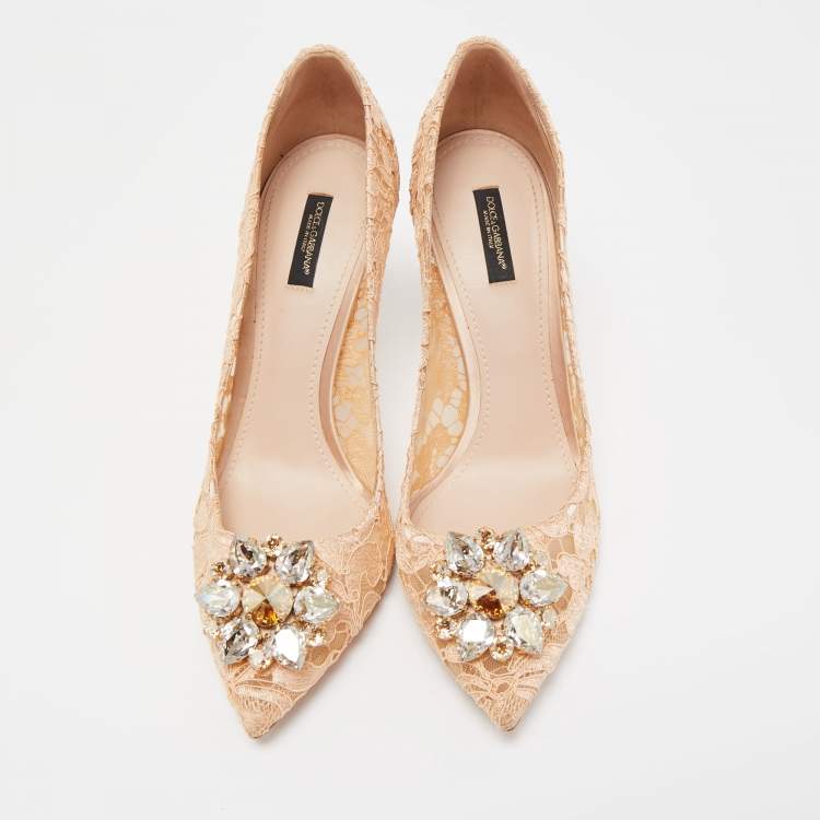 Pre Owned Dolce & Gabbana Beige Lace Bellucci Crystal Embellished Pointed Toe Pumps Size 41