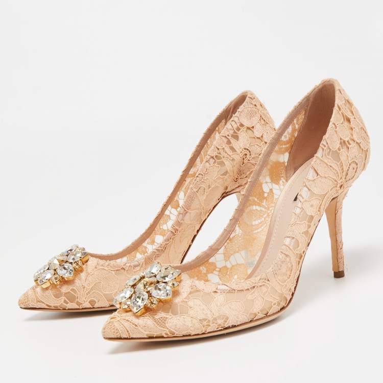 Pre Owned Dolce & Gabbana Beige Lace Bellucci Crystal Embellished Pointed Toe Pumps Size 41