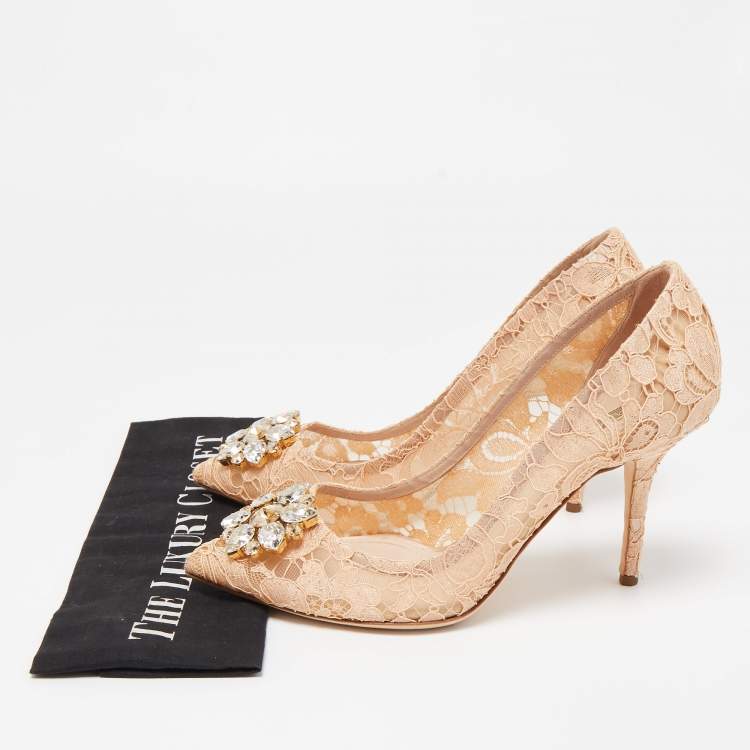 Pre Owned Dolce & Gabbana Beige Lace Bellucci Crystal Embellished Pointed Toe Pumps Size 41