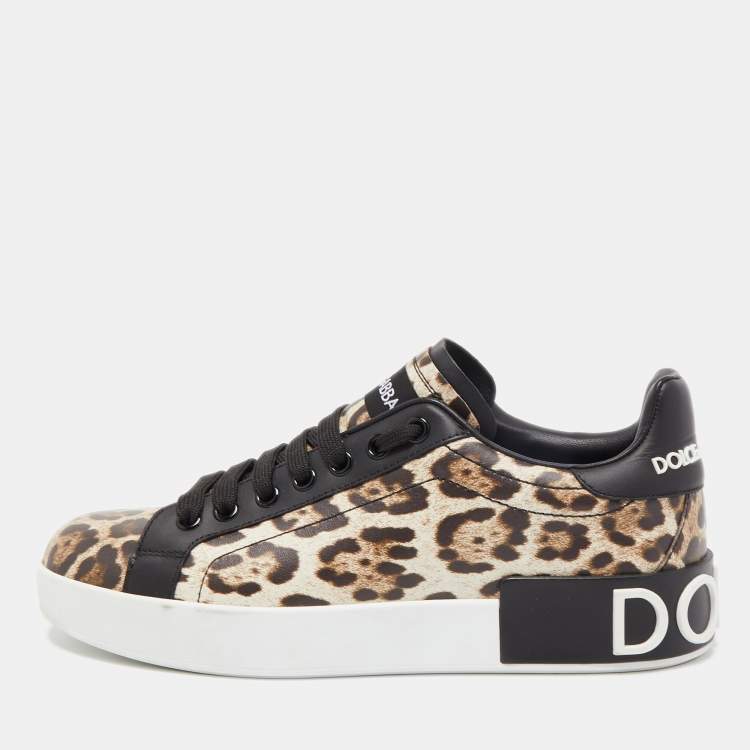 Pre Owned Dolce & Gabbana Black/Brown Leopard Print Leather Portofino Low Top Sneakers Size 37