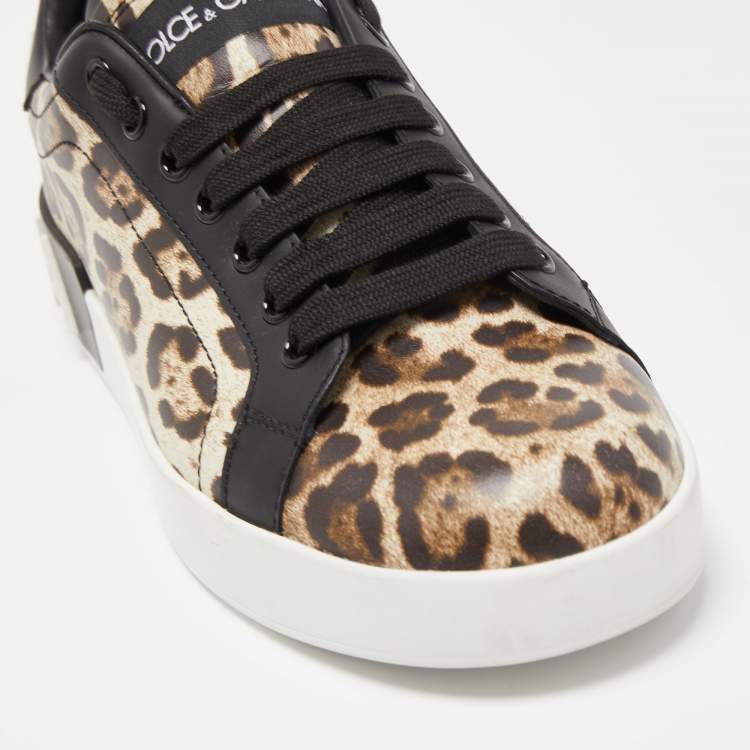 Pre Owned Dolce & Gabbana Black/Brown Leopard Print Leather Portofino Low Top Sneakers Size 37
