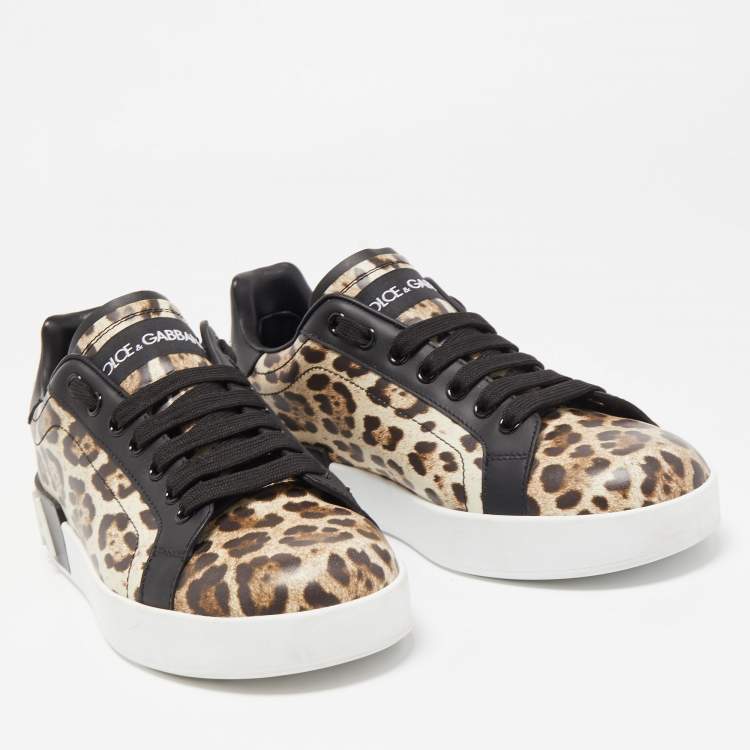 Pre Owned Dolce & Gabbana Black/Brown Leopard Print Leather Portofino Low Top Sneakers Size 37