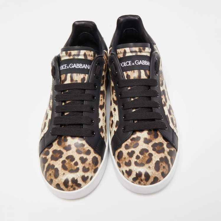 Pre Owned Dolce & Gabbana Black/Brown Leopard Print Leather Portofino Low Top Sneakers Size 37