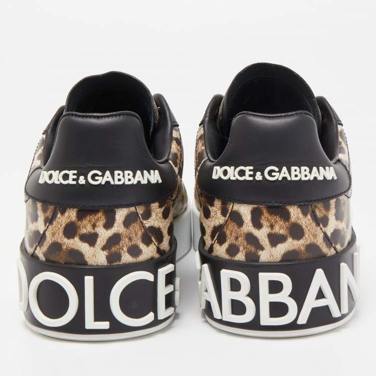 Pre Owned Dolce & Gabbana Black/Brown Leopard Print Leather Portofino Low Top Sneakers Size 37
