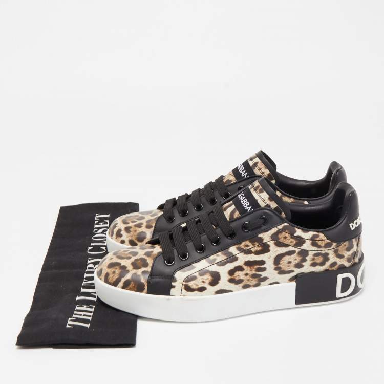Pre Owned Dolce & Gabbana Black/Brown Leopard Print Leather Portofino Low Top Sneakers Size 37