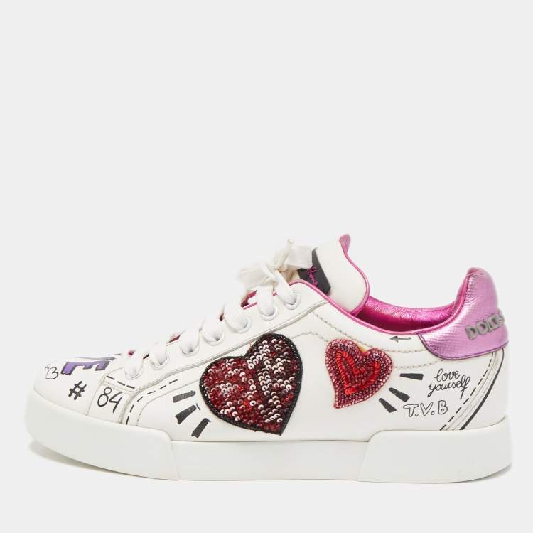 Pre Owned Dolce & Gabbana White Leather Patch Embroidered Low Top Sneakers Size 37