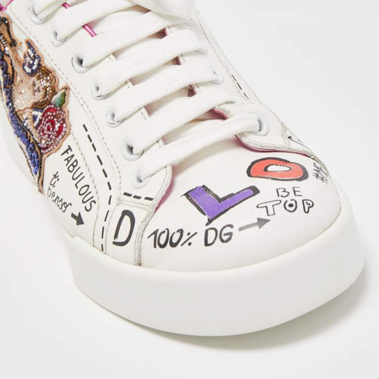 Pre Owned Dolce & Gabbana White Leather Patch Embroidered Low Top Sneakers Size 37