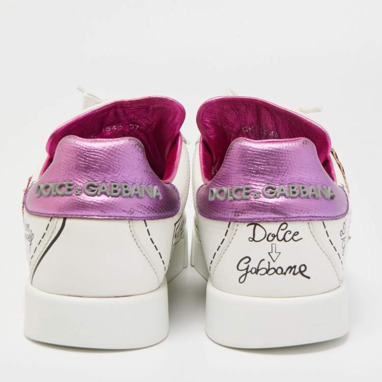 Pre Owned Dolce & Gabbana White Leather Patch Embroidered Low Top Sneakers Size 37