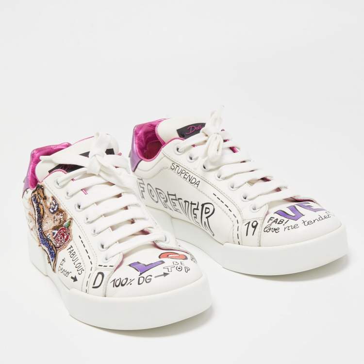 Pre Owned Dolce & Gabbana White Leather Patch Embroidered Low Top Sneakers Size 37