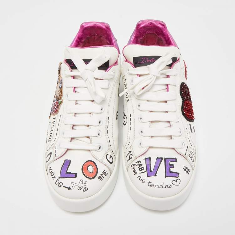 Pre Owned Dolce & Gabbana White Leather Patch Embroidered Low Top Sneakers Size 37