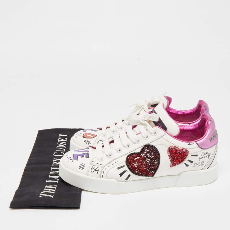 Pre Owned Dolce & Gabbana White Leather Patch Embroidered Low Top Sneakers Size 37