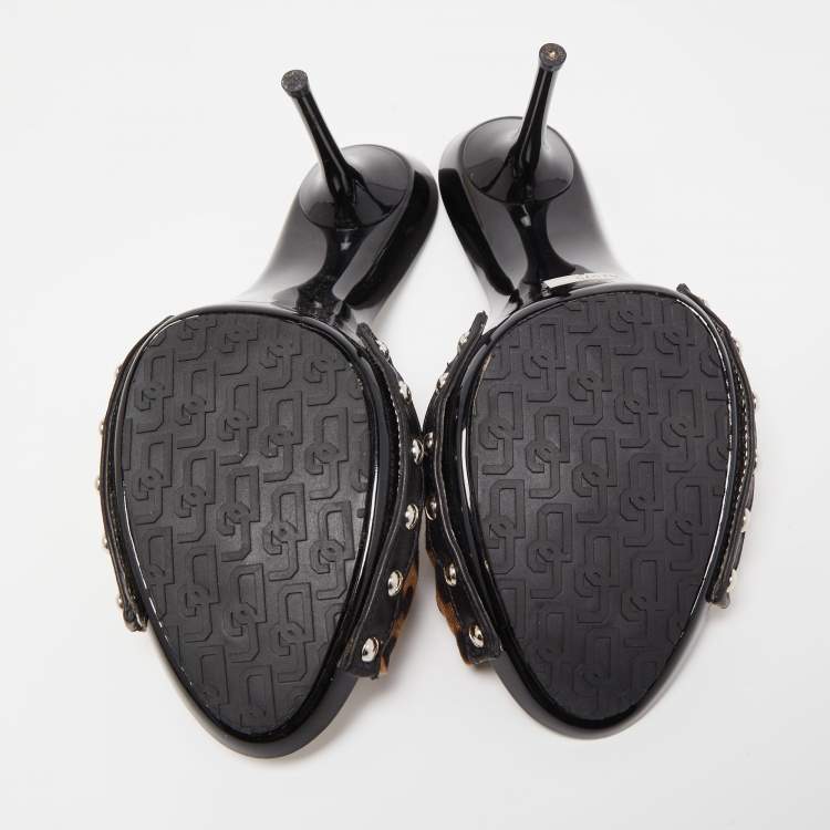 Pre Owned Dolce & Gabbana Brown/Beige Animal Print Knotted Canvas Slide Sandals Size 38.5