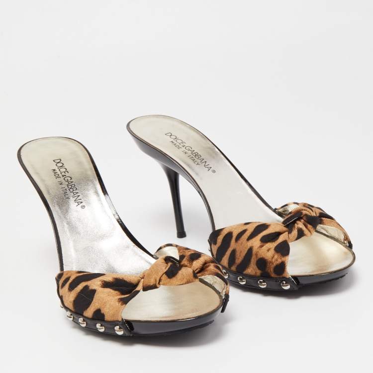 Pre Owned Dolce & Gabbana Brown/Beige Animal Print Knotted Canvas Slide Sandals Size 38.5