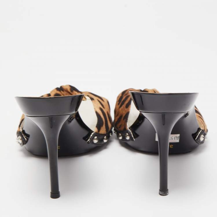 Pre Owned Dolce & Gabbana Brown/Beige Animal Print Knotted Canvas Slide Sandals Size 38.5