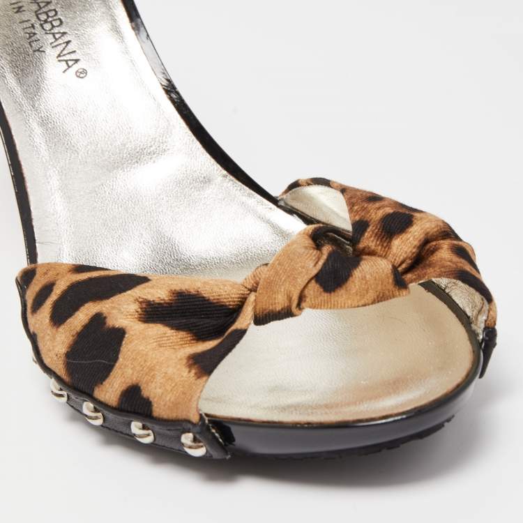 Pre Owned Dolce & Gabbana Brown/Beige Animal Print Knotted Canvas Slide Sandals Size 38.5